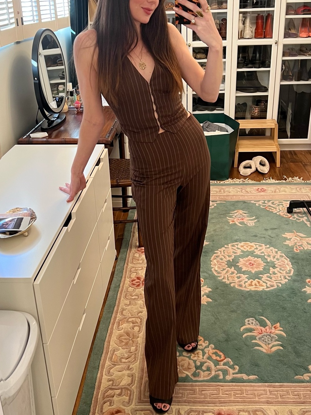 Reformation Cohen Pant | Brown Pinstripe Wide Leg Trousers | Size 0